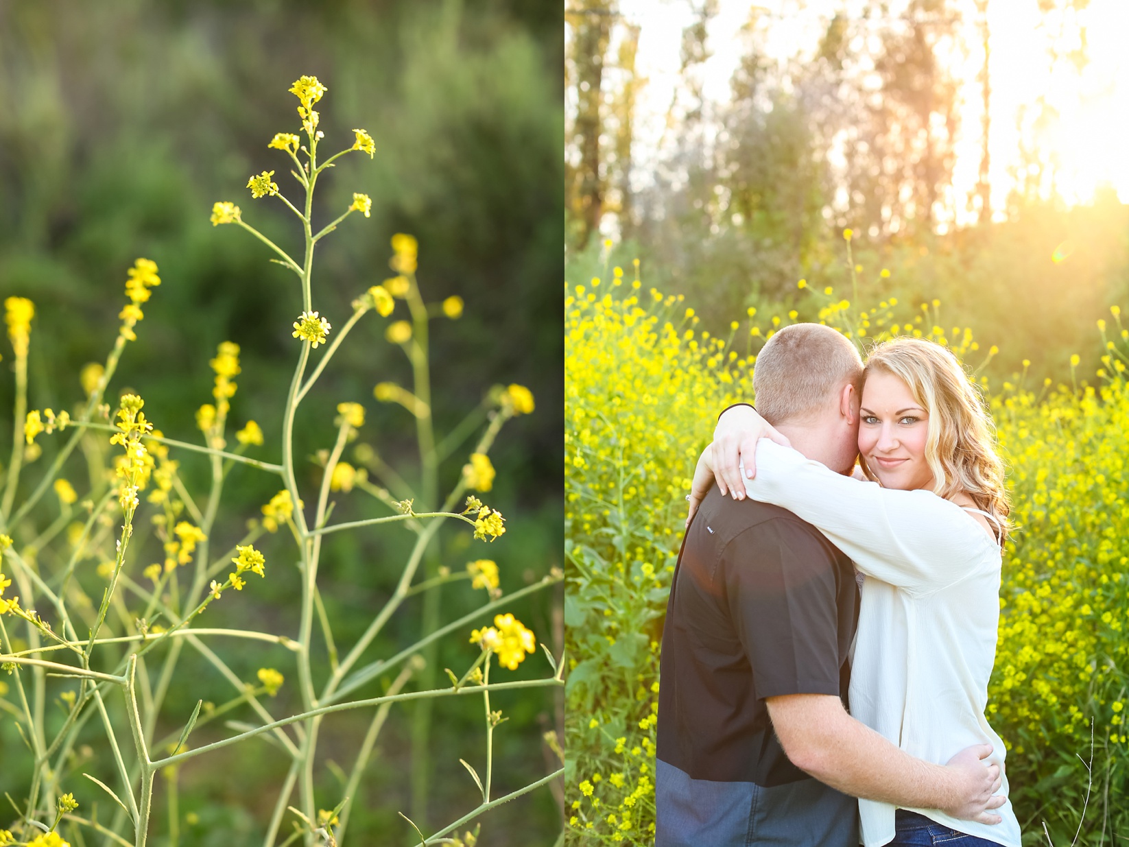engagement session, yellow wild flowers, vista california, duck pond